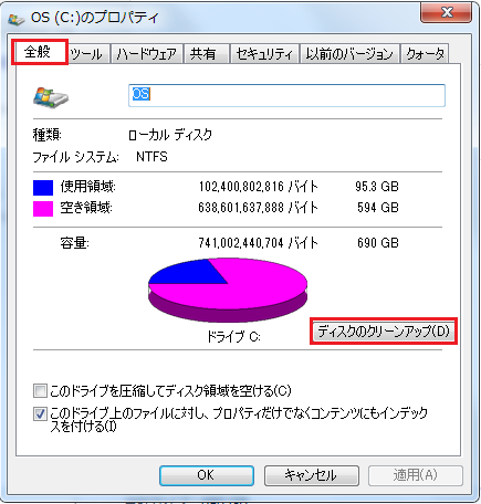 Windows7 ディスククリーンアップのやり方その3 Cドライブの画面が開くのでディスクのクリーンアップをクリック
