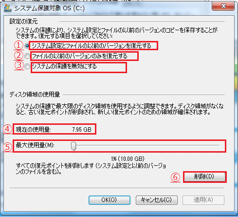 Windows7 シャドウコピーの設定4 システム保護対象の項目の説明