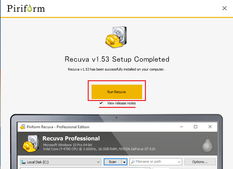 Run Recuvaのボタンを左クリック