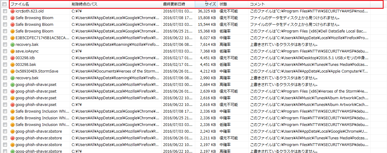 各個目のファイル名などを左クリックしあいうを順に並べ替えることが出来る