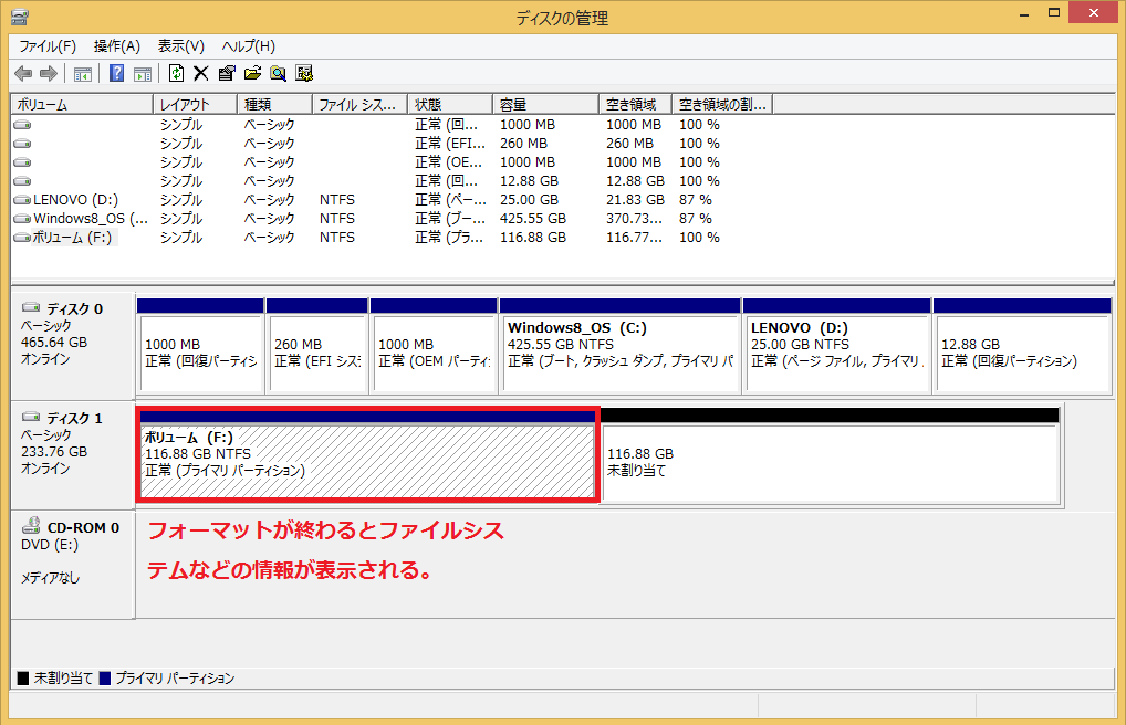 フォーマットが終わるとファイルシステムなどの情報が表示される。