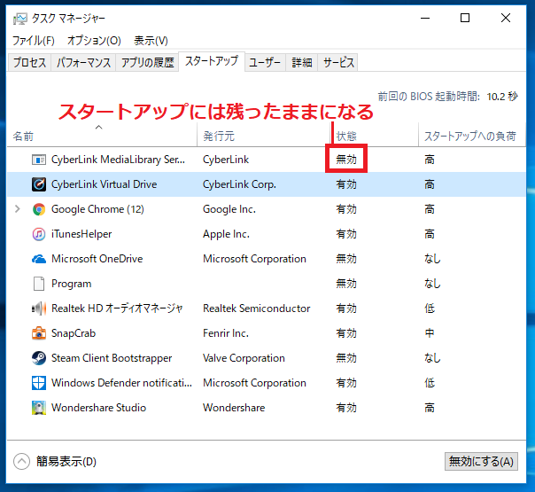Windows10 タスクマネージャーのスタートアップに登録されているアプリケーション画面