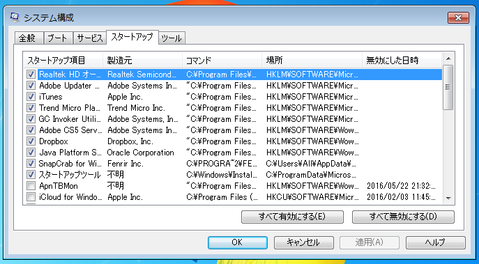 Windows7 msconfig(システム構成)の画面