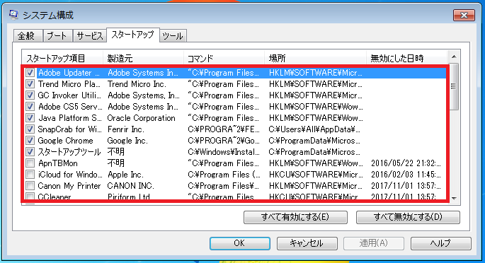 Windows7 スタートアップに登録されているアプリを削除する パソコンの問題を改善