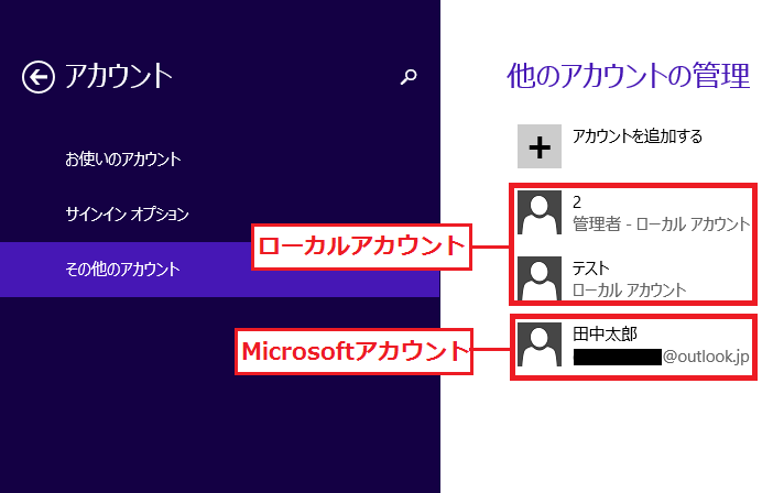 ローカルアカウントとMicrosoftアカウントの表示について