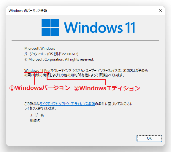 Windows11が「①バージョン」、Proが「②エディション」になっています。