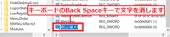 背景が青く反転されていることを確認し、「新しい値#1」をキーボードの「BackSpace」キーで文字を消します。