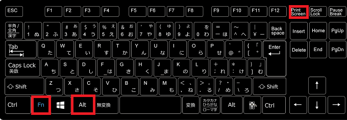 機種によってはノートPCでも「Alt」＋「PrintScreen」でクリップボードにコピーする事は出来ますが、出来ない場合は「Fn」＋「Alt」を押しながら「PrintScreen」を押します。
