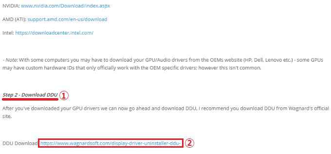 「①STEP2-Download DDU」と言う項目が表示されるので、これを目安にして「②DOU Downlord」のリンクをクリックします。