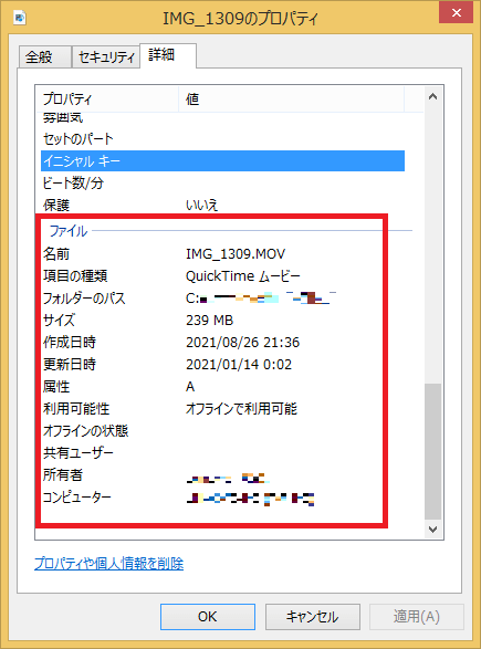 その他にも下にスクロールしていくと、「拡張子」「ファイルの作成時」「ファイルサイズ」など様々なファイル情報を確認することが出来ます。