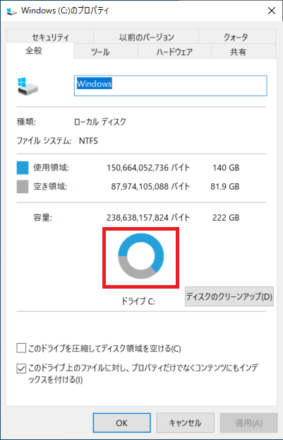 ❺下の円グラフでパッと見て「青」が使用容量、「灰色」が空き容量として確認する事も出来ます。