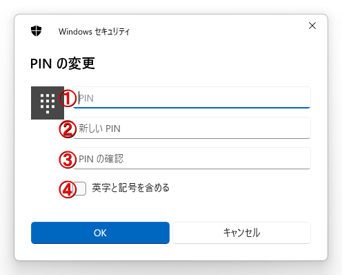 「PINの変更」と言う画面が表示されるので、以下の情報を入力していきます。